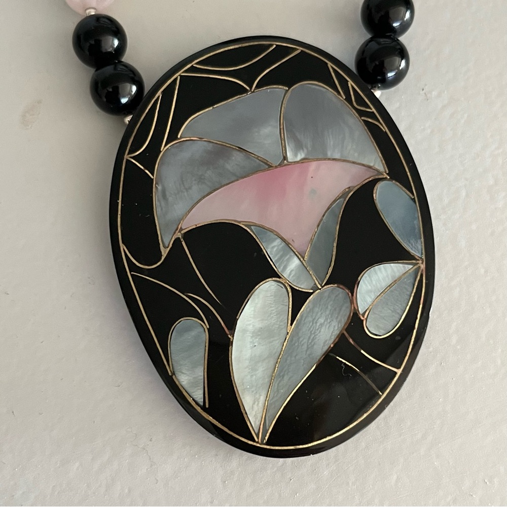 VTG Sterling 925 MOP Inlay Pink Jade BLK Onyx Agate Bead Designer Necklace - Picture 3 of 12
